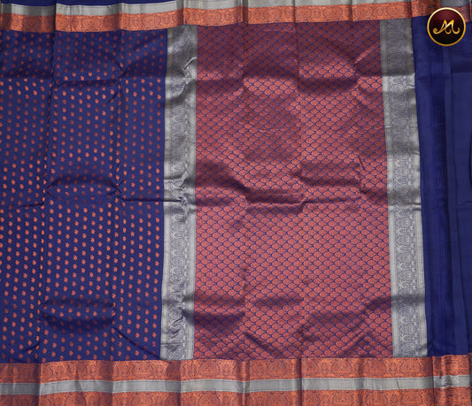 Kanchipuram Semi-Silk Sarees in allSelf Navy Blue  Colour with 1000 butta work allover the Body  and copper zari border and Rich Pallu