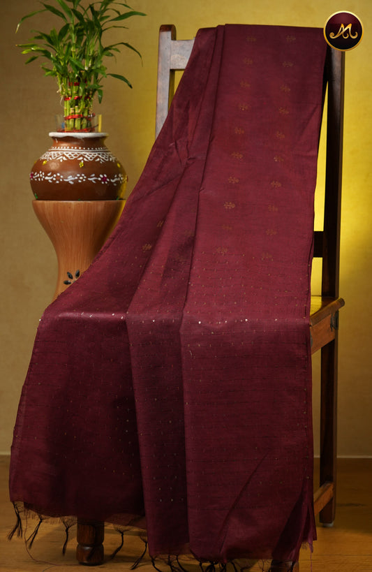Bhagelpuri Cotton Saree in allself  maroon  and golden zari motifs and sequence pallu