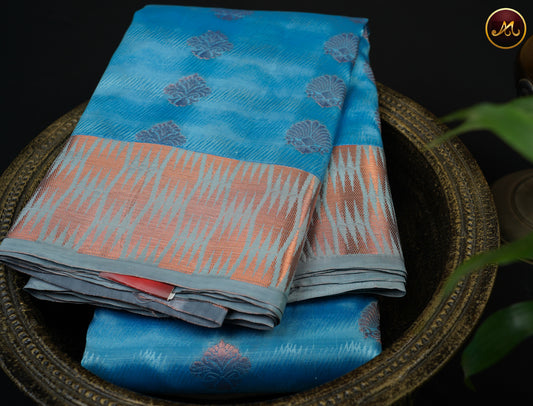 Kanchipuram Semi-Silk Sarees in Sky Blue  with Grey Combination with Emboss work allover the Body  and copper zari border and Rich Pallu