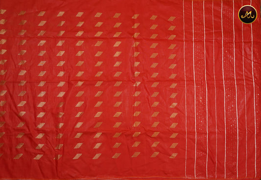 Bhagelpuri Cotton Saree in allself  red  and golden zari motifs and sequence pallu