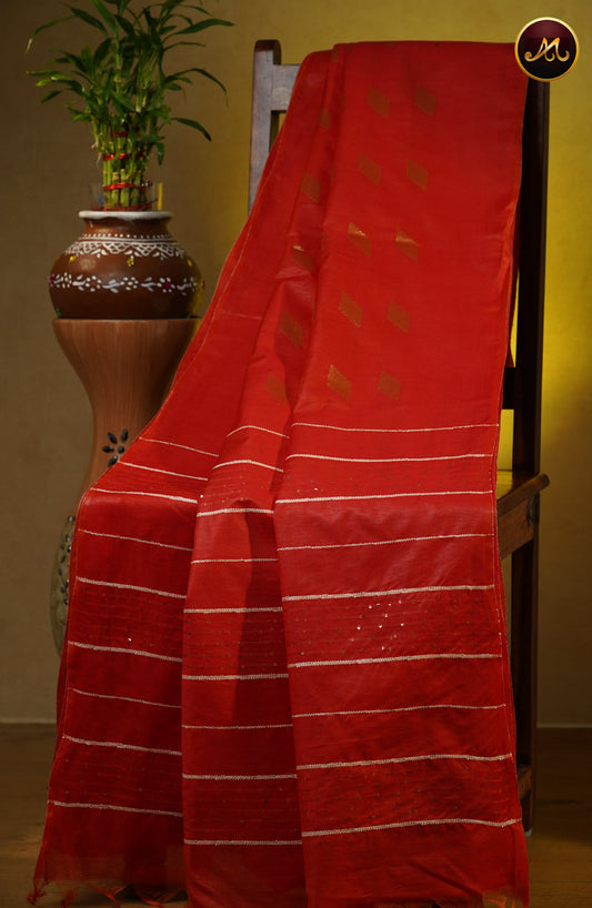 Bhagelpuri Cotton Saree in allself  red  and golden zari motifs and sequence pallu