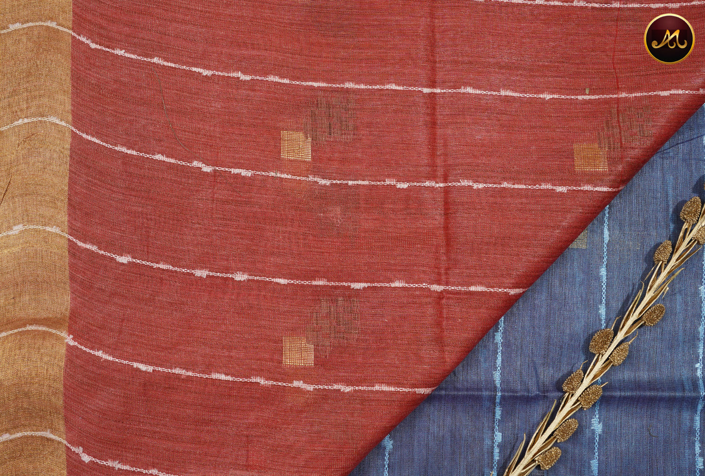 Bhagelpuri Cotton Saree in purple and brick red colour with thread stripes and golden zari butta and border