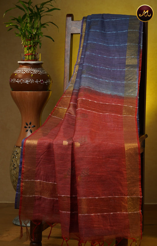 Bhagelpuri Cotton Saree in purple and brick red colour with thread stripes and golden zari butta and border