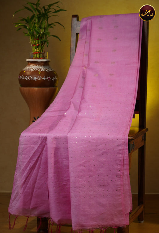 Bhagelpuri Cotton Saree in allself  baby pink  and golden zari motifs and sequence pallu