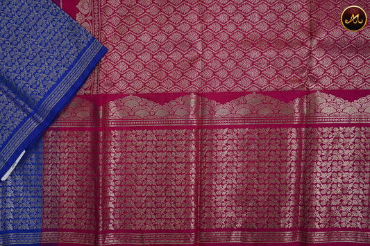 Kanchivaram Handloom Pure Silk in Butta Pattern in Ink Blue  And Rani Pink combination with Silver Zari  Border and Rich Pallu