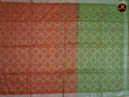 Bhagelpuri Cotton Saree in brick red and parrot green combination with silver zari butta and border