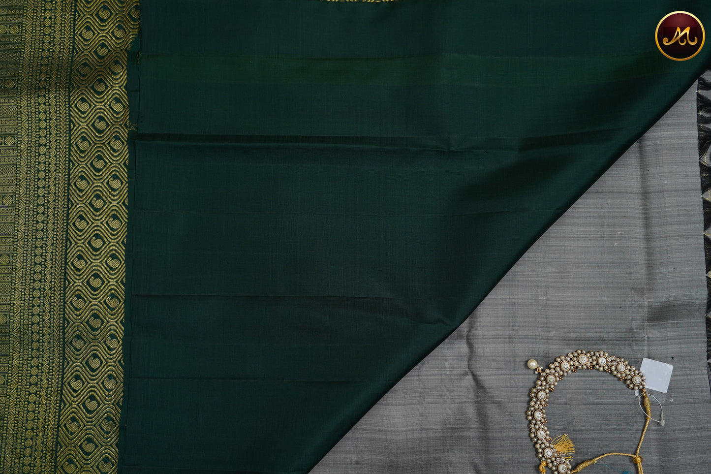Kanchivaram Handloom Pure Silk in Checks pattern in Grey  And Bottle Green combination with Gold Zari  Border and Rich Pallu