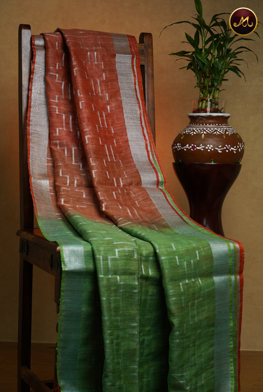 Bhagelpuri Cotton Saree in brick red and parrot green combination with silver zari butta and border