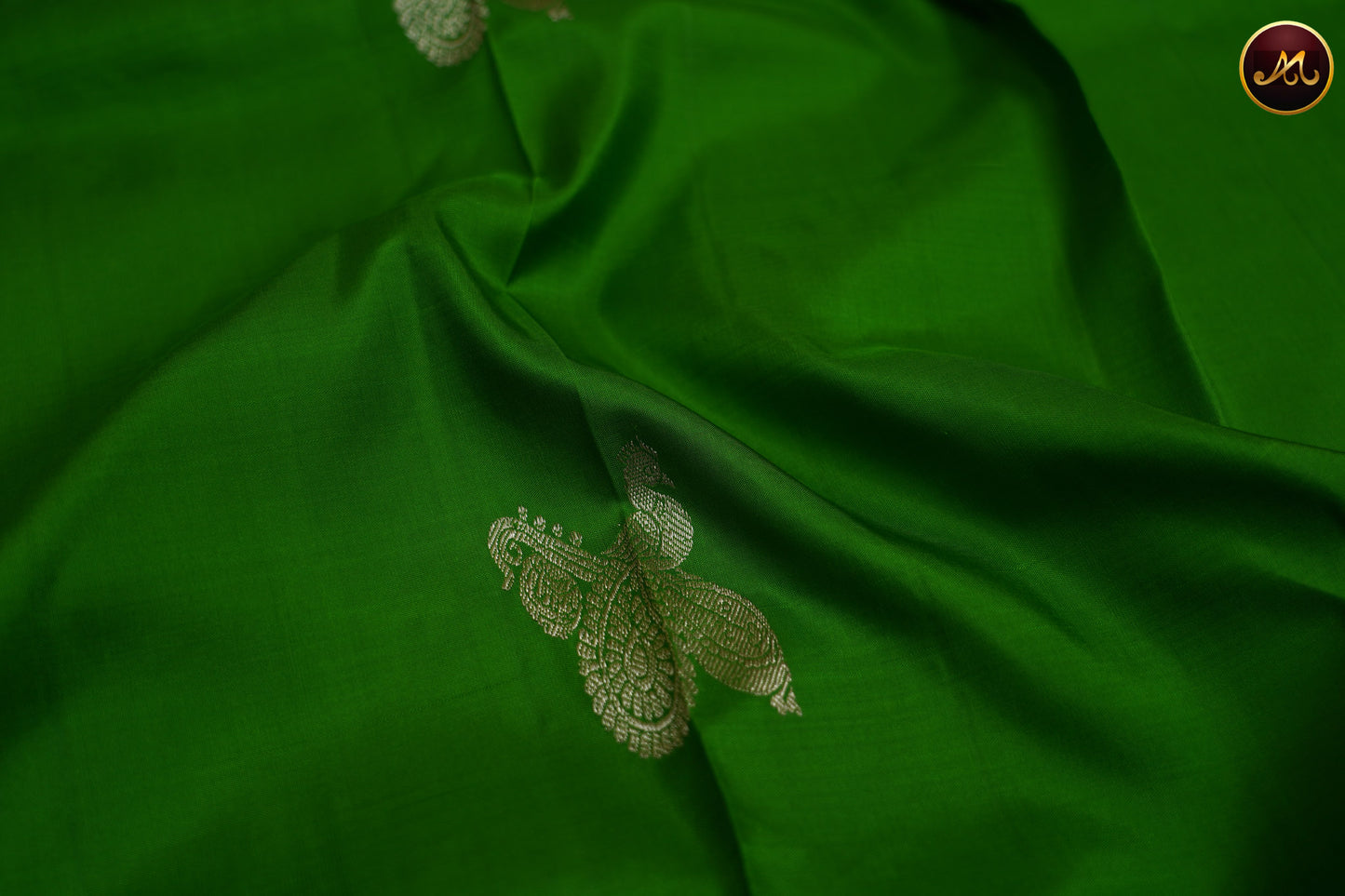 Kanchivaram Handloom Pure Silk in Butta Pattern in Green  And Dark Blue combination with Silver Zari  Border and Rich Pallu