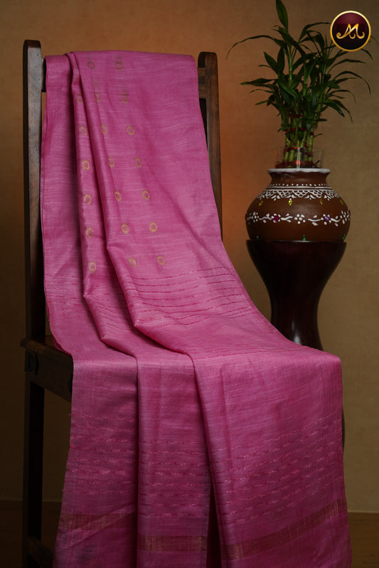 Bhagelpuri Cotton Saree in all self baby pink colour with golden zari butta