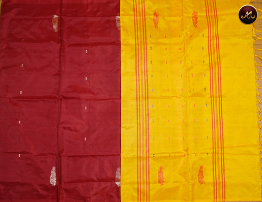 Banana Pith Saree in Maroon and Yellow combination with Thread Butta
