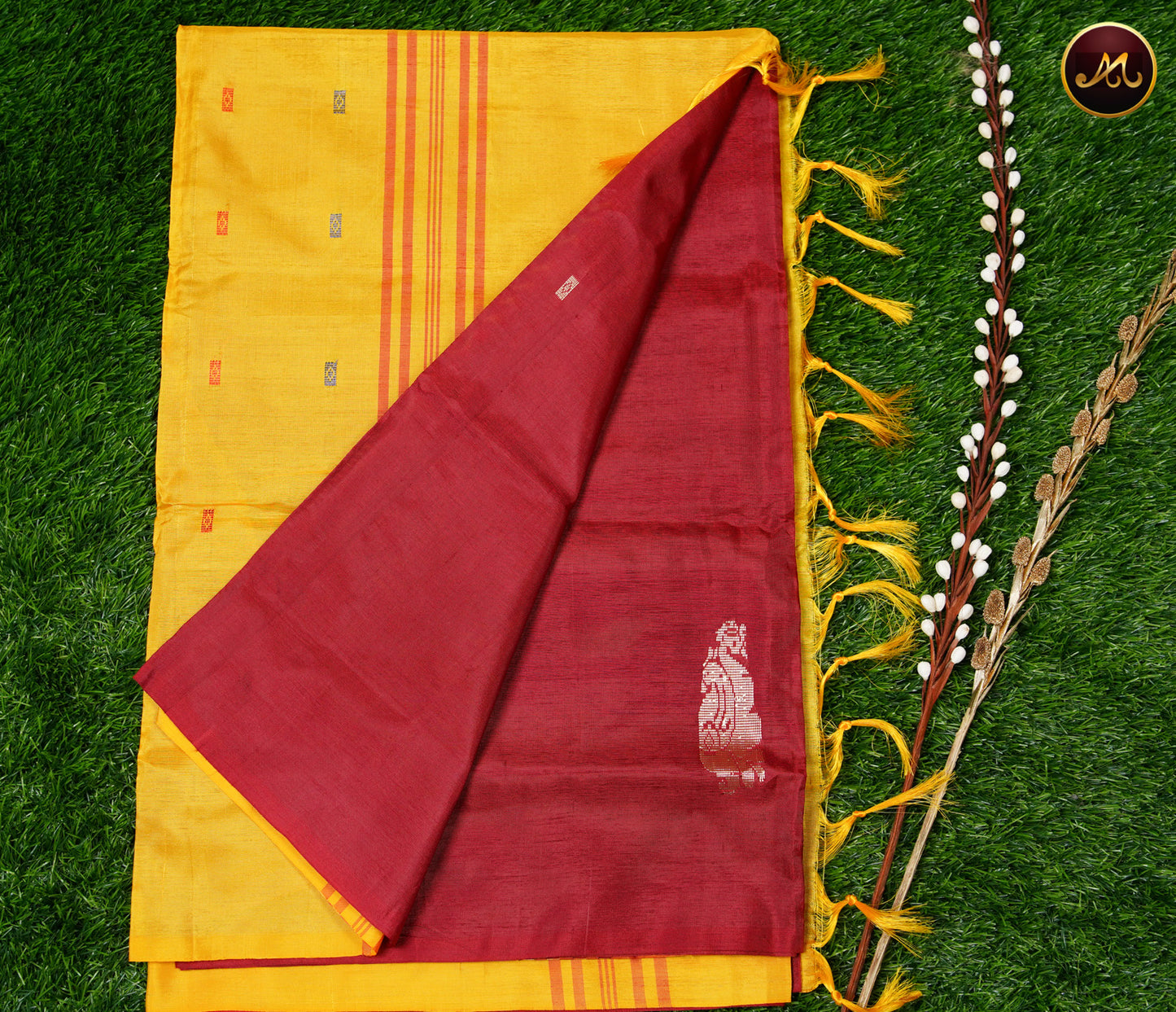 Banana Pith Saree in Maroon and Yellow combination with Thread Butta