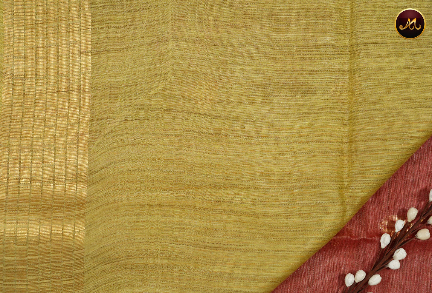 Bhagelpuri Cotton Saree in brick red and yellow combination with golden zari butta and border