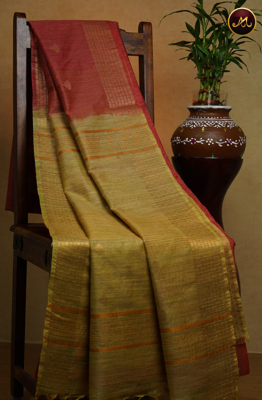 Bhagelpuri Cotton Saree in brick red and yellow combination with golden zari butta and border