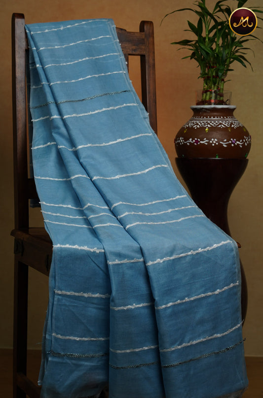 Bhagelpuri Cotton Saree in allself ash blue with thread stipes allover the body