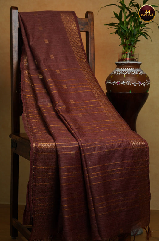 Bhagelpuri Cotton Saree in all self maroon colour with golden zari butta and border