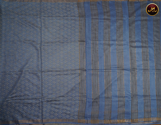 Bhagelpuri Cotton Saree in allself ash blue with thread work allover the body and golden zari border and pallu