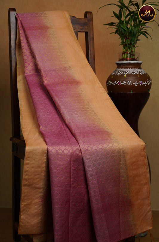 Bhagelpuri Cotton Saree in allself baby pink colour with gold zari brocade work and orange contrast border