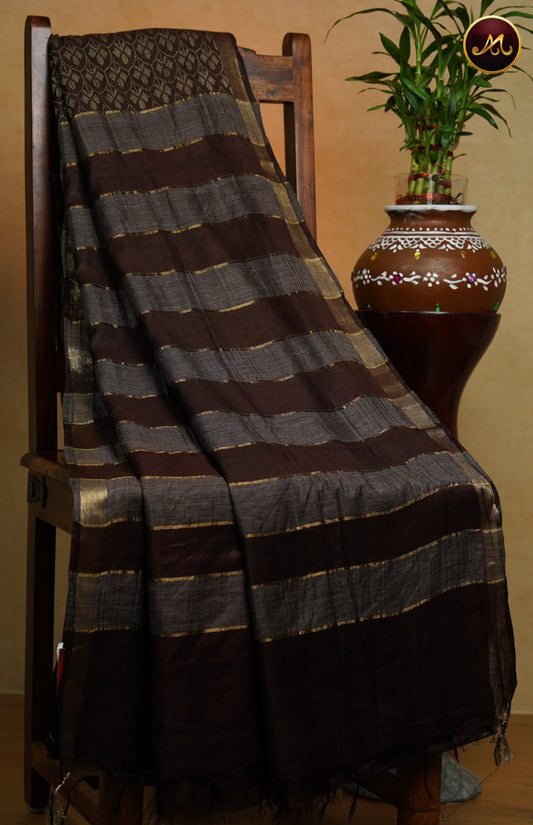Bhagelpuri Cotton Saree in allself brown colour with thread brocade work and gold zari border