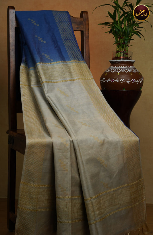 Bhagelpuri Cotton Saree in royal blue and cream combination with thread border and butta