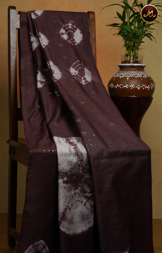 Bhagelpuri Cotton Saree in allself coffee brown colour with shibora print  gold zari butta