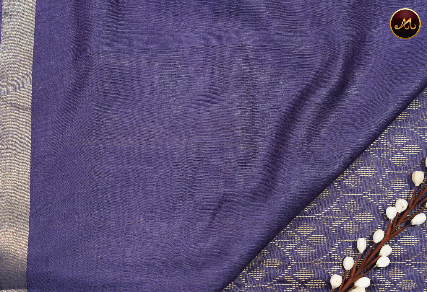 Bhagelpuri Cotton Saree in allself navy blue colour with thread work allover the body and golden zari border