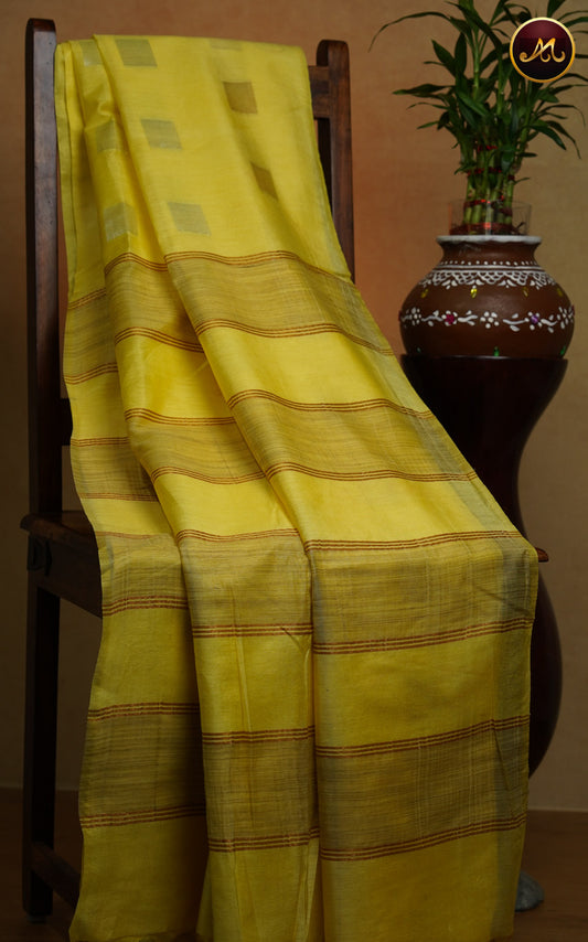 Bhagelpuri Cotton Saree in allself lemon yellow colour with golden zari butta