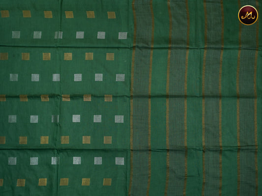 Bhagelpuri Cotton Saree in allself Bottle Green Colour with gold and silver butta