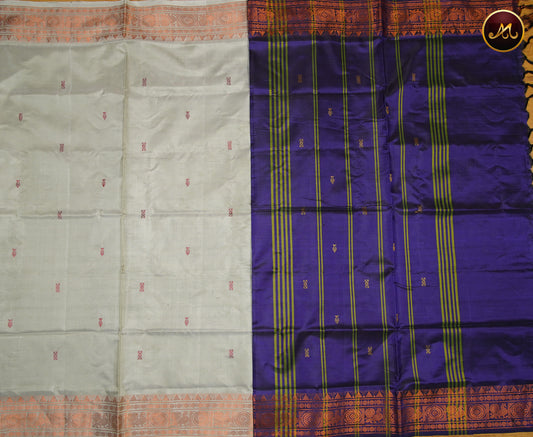 Banana Pith Saree in Grey and Purple combination with Thread Butta and Korvai Border