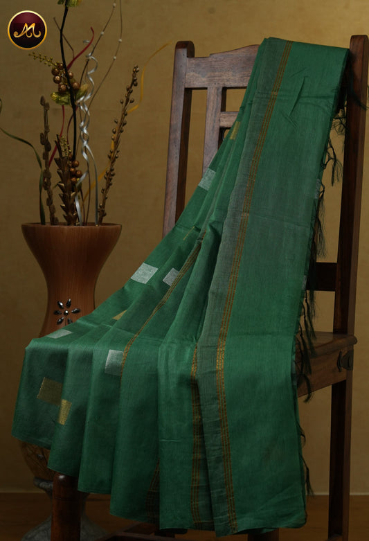 Bhagelpuri Cotton Saree in allself Bottle Green Colour with gold and silver butta