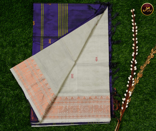 Banana Pith Saree in Grey and Purple combination with Thread Butta and Korvai Border