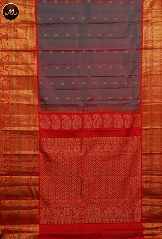 Pure Kanchi Silk Saree with body in Dual Shade of Green and red colour and Buttas allover and Red Long Border