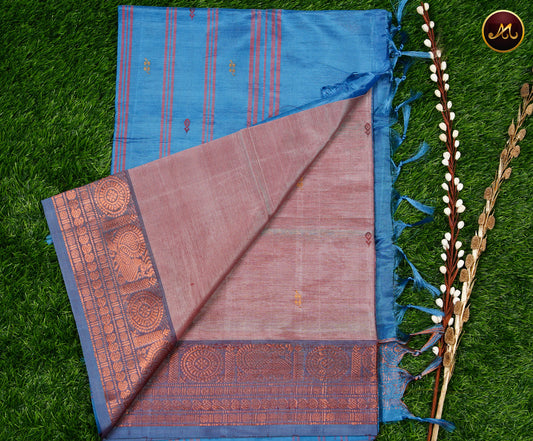 Banana Pith Saree in Rustic Maroon and Ananada Blue combination with Thread Butta and Korvai Border