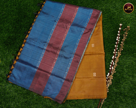 Banana silk saree in mustard and peacock combination with thread work motifs