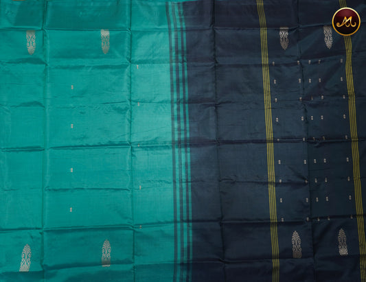 Banana silk saree in teal and navy blue combination with thread work motifs