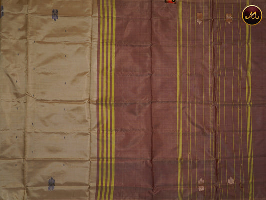 Banana silk saree in beige and pale maroon combination with thread work motifs
