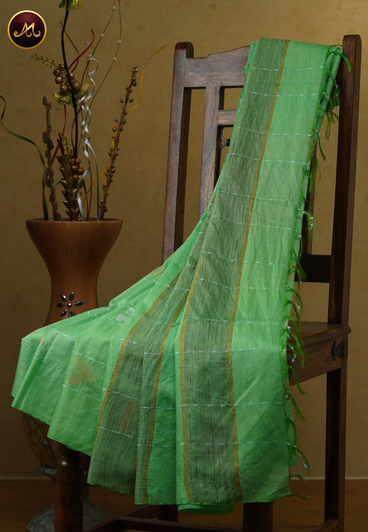 Bhagelpuri Cotton Saree in allself parrot  green Colour with gold and silver zari butta