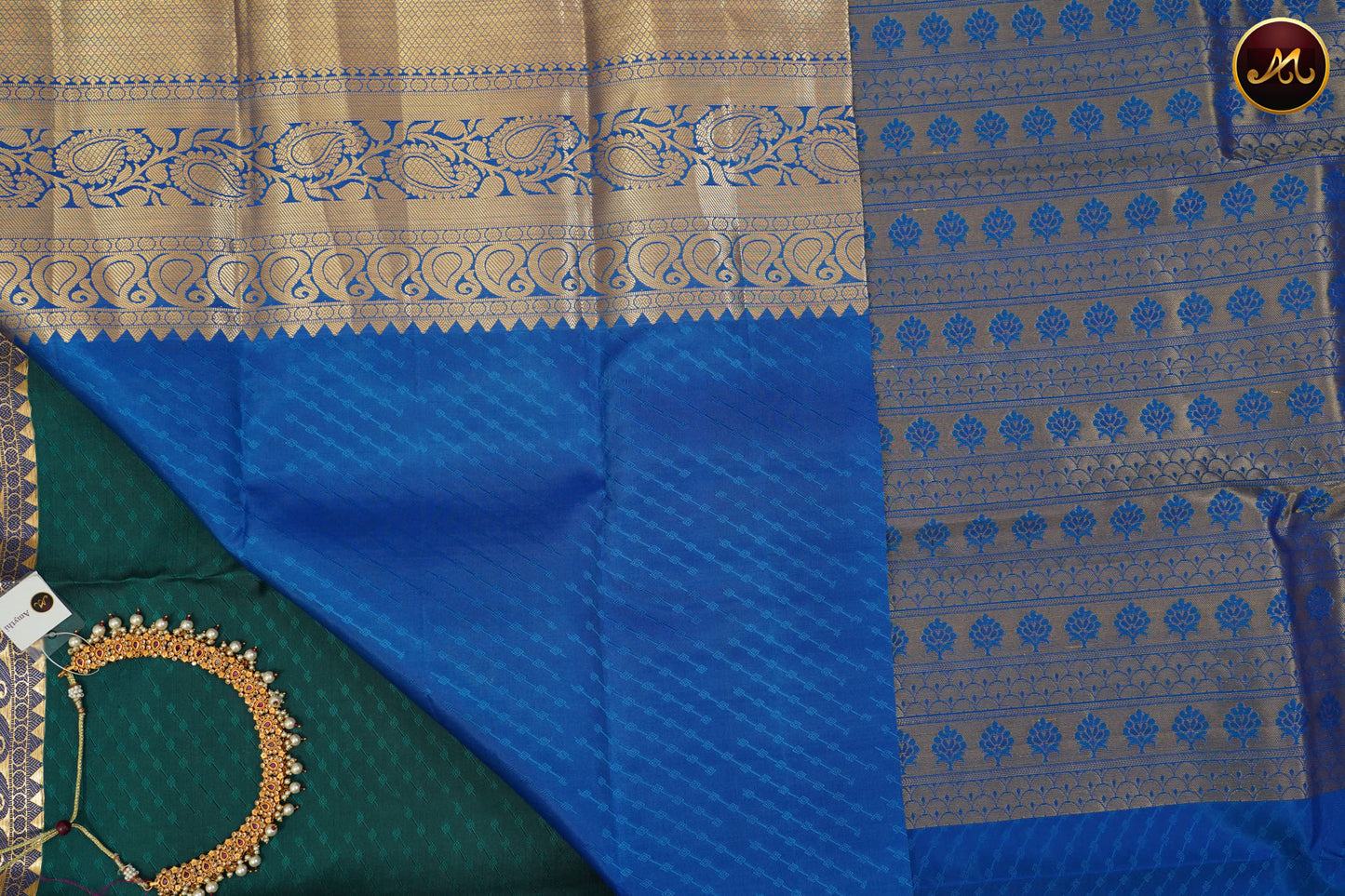 Kanchivaram Semi Silk  Saree in Dark blue and navy blue combination with emboss and motif work and Kanchi border