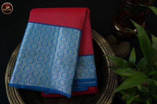 Kanchivaram Semi Silk  Saree in Jazzy Pink and ananda blue combination with  Silk emboss and long  border