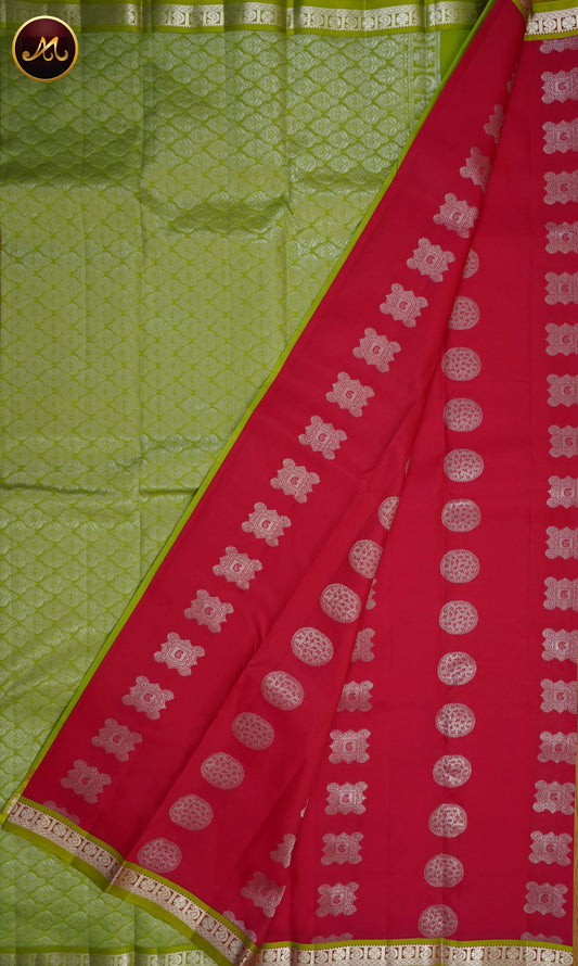 Kanchivaram Semi Silk Saree in Pleasant Red and mehendi Green combination with  motifs  and Small border