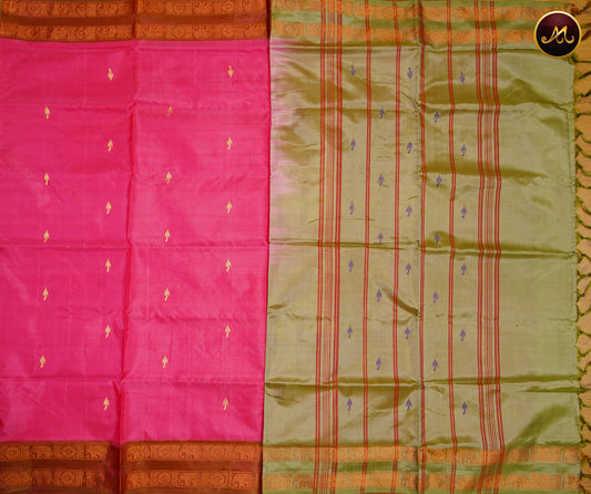 Banana Pith Saree in Pink and Ivory Green combination with Thread Butta and Rettapet Border