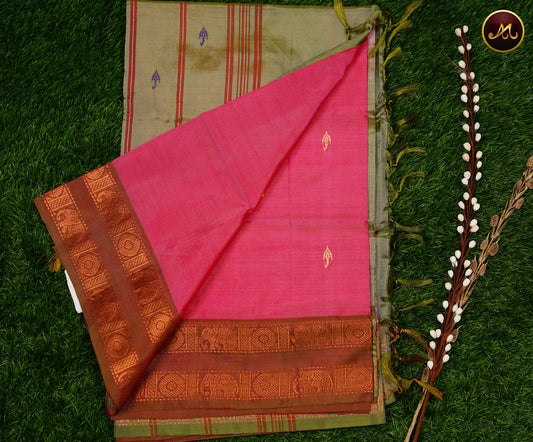 Banana Pith Saree in Pink and Ivory Green combination with Thread Butta and Rettapet Border