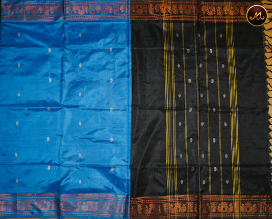 Banana Pith Saree in Ananda Blue and Black combination with Thread Butta and korvai border