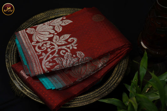 Kanchivaram Semi Silk Saree in Brick Red and Teal Combination with Emboss, Motifs and Turning  Border
