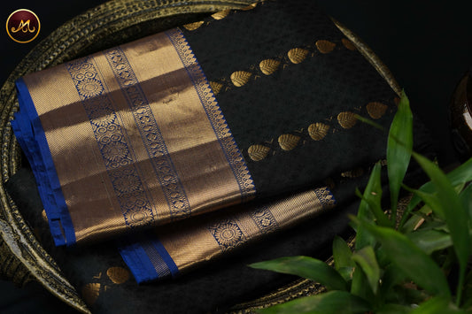 Kanchivaram Silk Saree in Black and Blue Combination with Emboss, Motifs and Kanchi Border