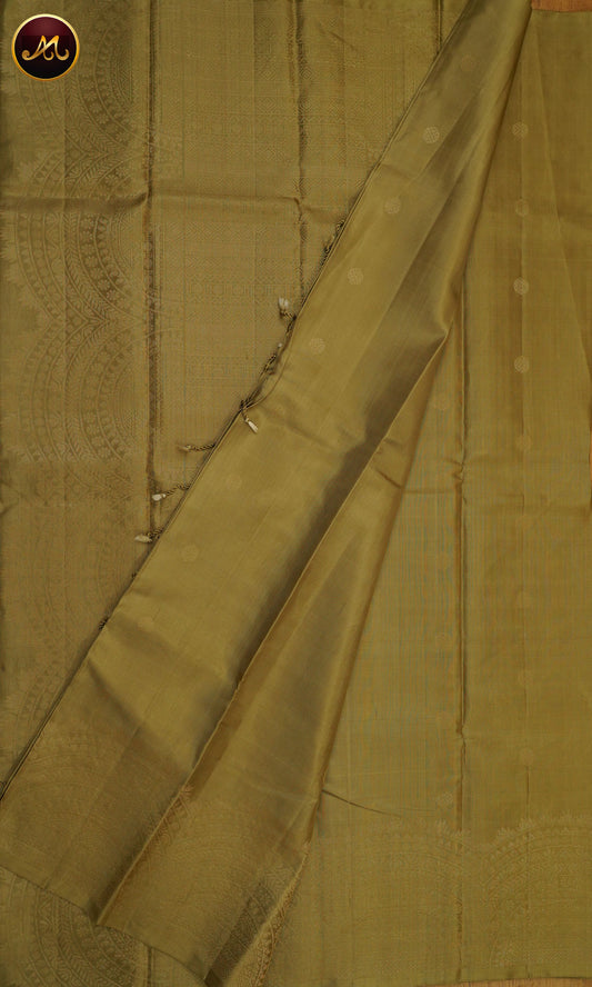 Kanchivaram Soft Silk In All Self in Light Olive green with Motifs and Turning Border