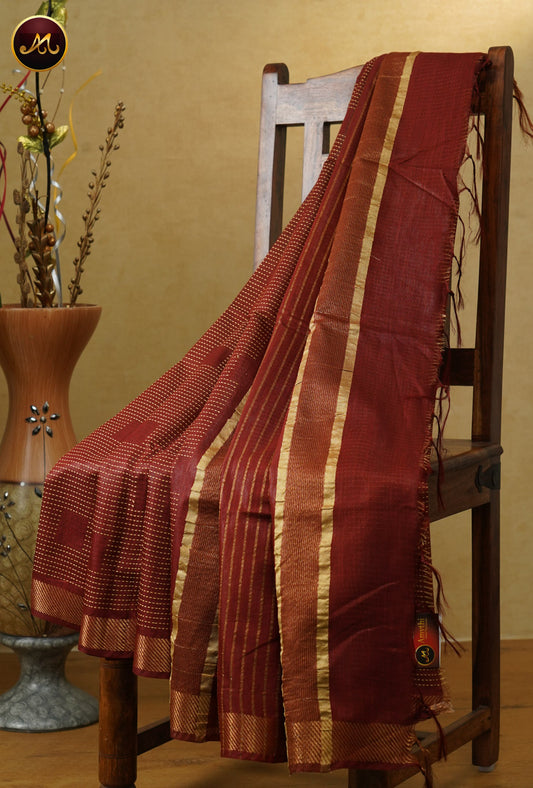Bhagelpuri Cotton Saree in allself Maroon colour  with golden zari and border and thread work