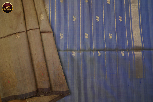 Raw Silk Saree in Snuff and Ash Blue combination with buttas and soft Silk pallu