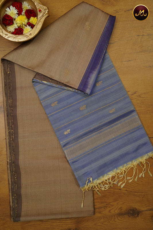 Raw Silk Saree in Snuff and Ash Blue combination with buttas and soft Silk pallu