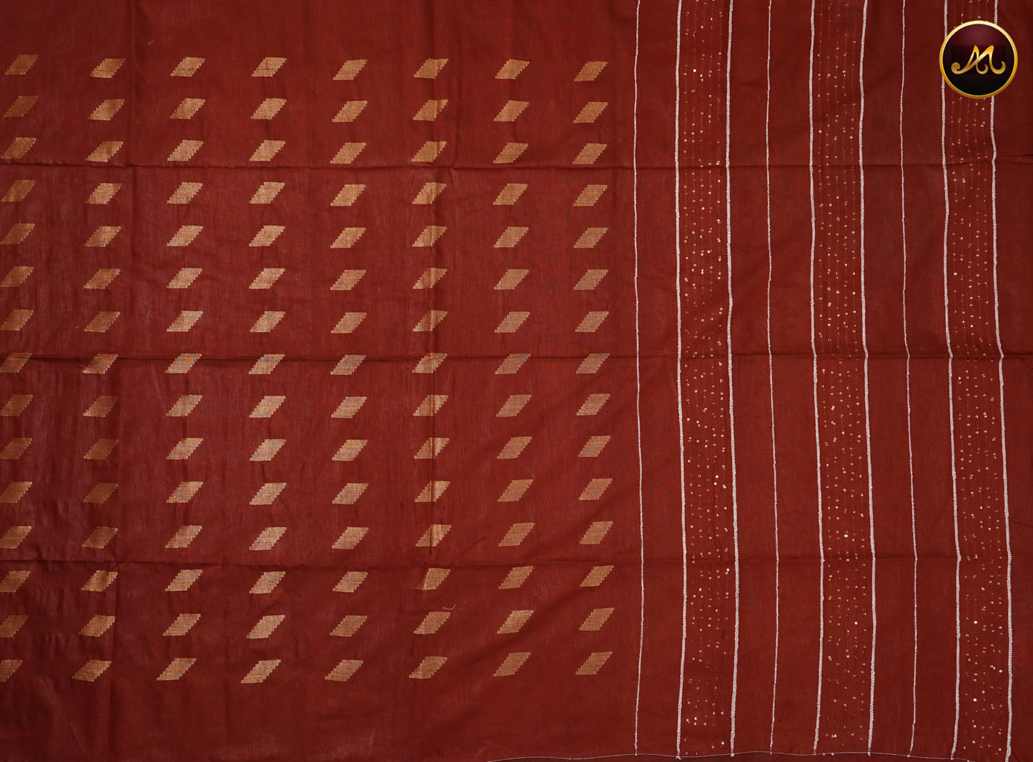 Bhagelpuri Cotton Saree in allself Maroon colour  with sequence pallu and golden zari butta